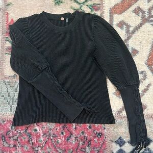 Waffle Knit Puff Sleeve Top with Tie Sleeve Details